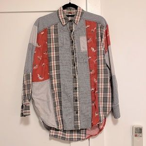 Free People Patchwork Distressed Plaid Button Down Shirt